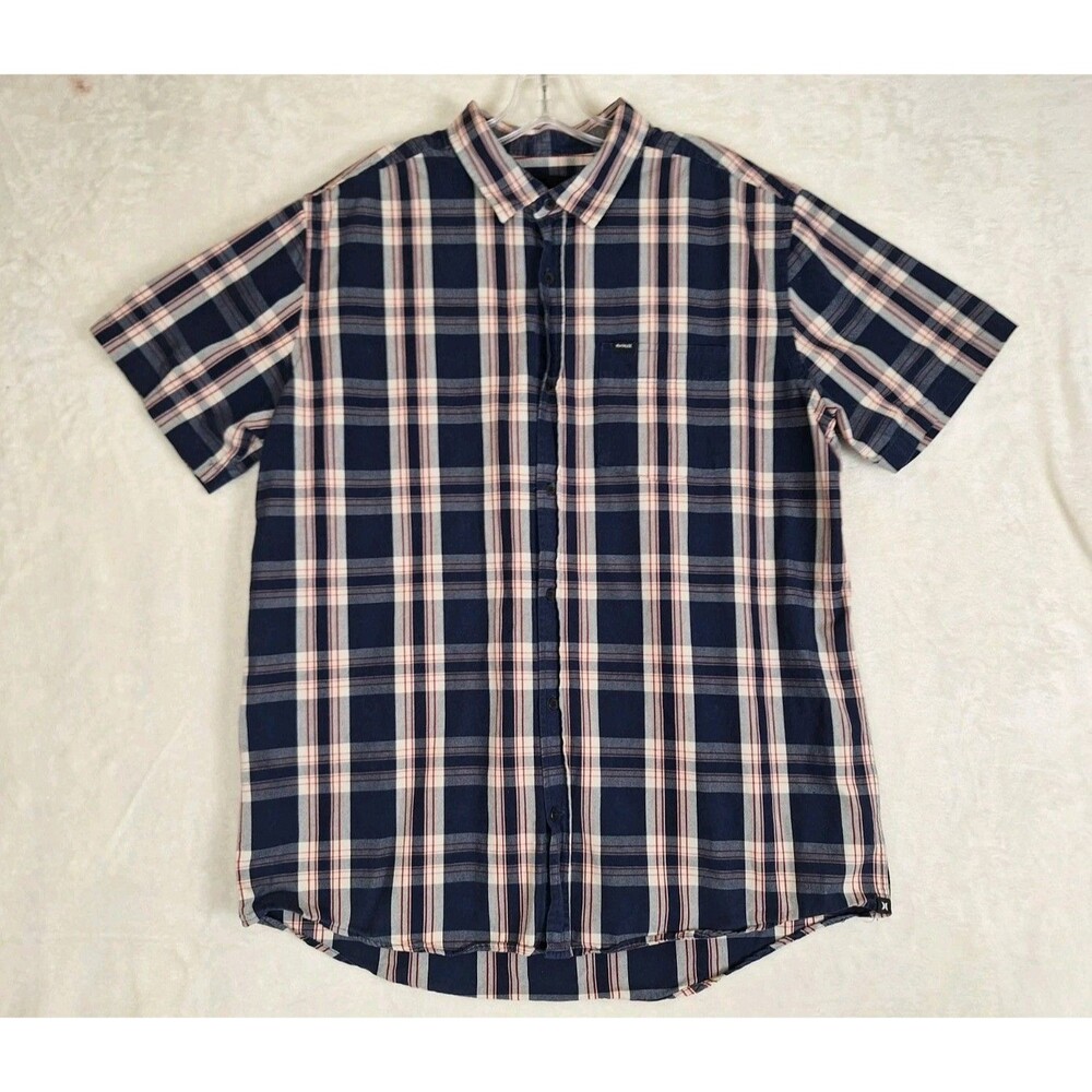 Hurley Men’s XL Blue Red Plaid Short Sleeve Button Up Shirt Heavy Duty Logo
